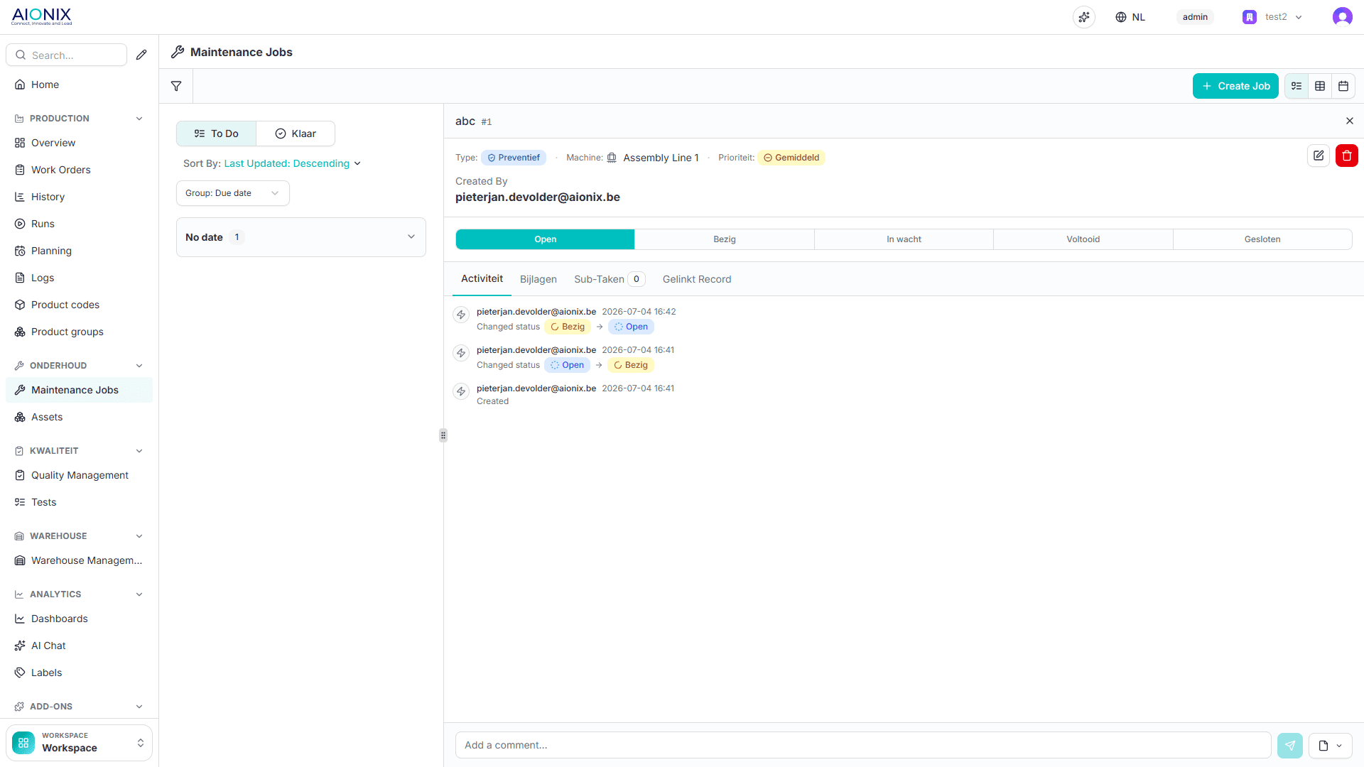 AIONIX maintenance: jobs, status and activity history per machine